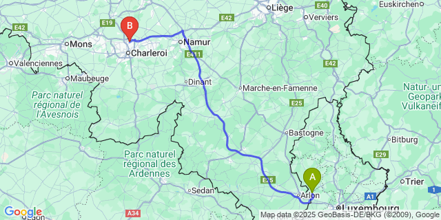 Map: Charleroi Airport Brussels South (CRL) to Hobscheid