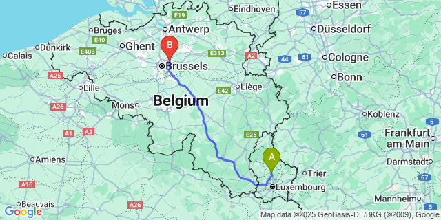 Map: Brussels Zaventem Airport (BRU) to Mersch