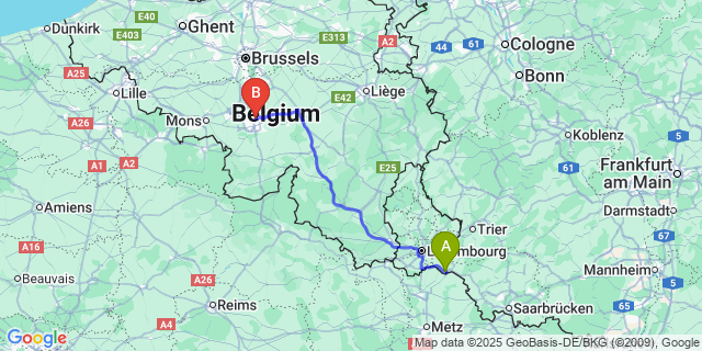 Map: Charleroi Airport Brussels South (CRL) to Schengen