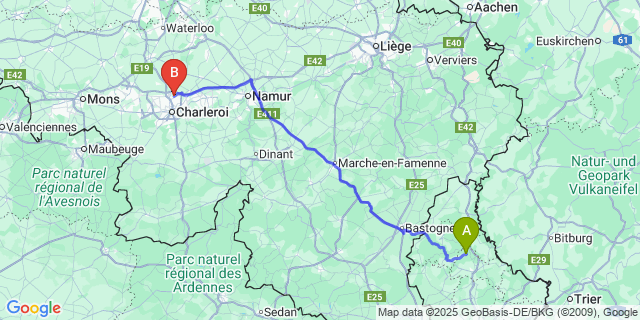 Map: Charleroi Airport Brussels South (CRL) to Bourscheid