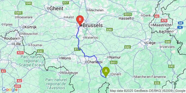Map: Brussels Midi Train Station to Hastière-Lavaux