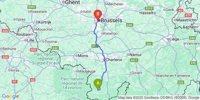 Map: Brussels Midi Train Station to Virelles