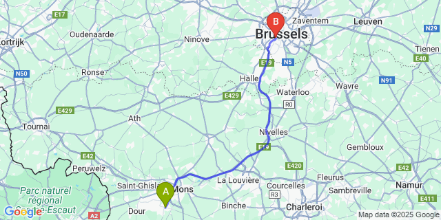 Map: Brussels Midi Train Station to Frameries