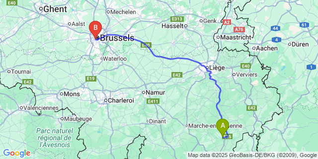 Map: Brussels Midi Train Station to Achouffe