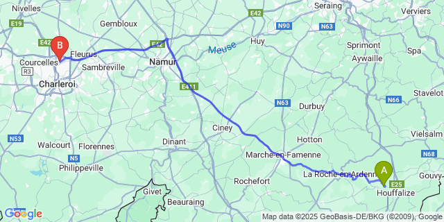 Map: Charleroi Airport Brussels South (CRL) to Achouffe