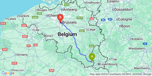 Map: Brussels Midi Train Station to Aarlen