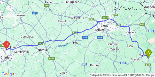 Map: Charleroi Airport Brussels South (CRL) to Baugnez