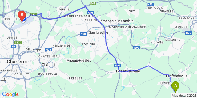 Map: Charleroi Airport Brussels South (CRL) to Besinne