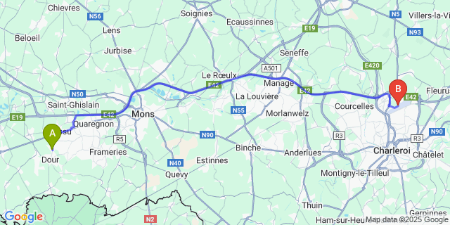 Map: Charleroi Airport Brussels South (CRL) to Boussu-Bois