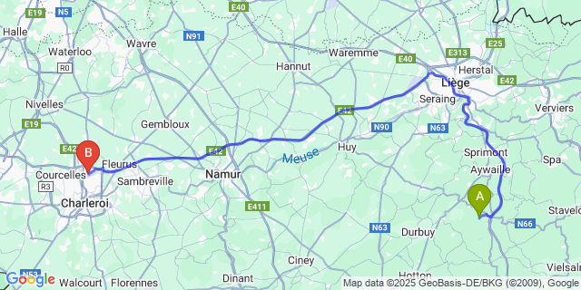 Map: Charleroi Airport Brussels South (CRL) to Burnontige