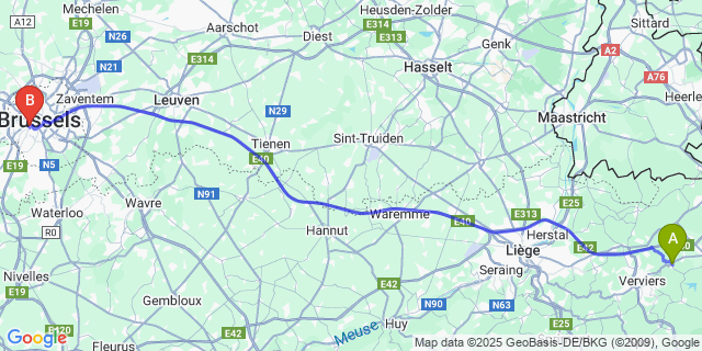 Map: Brussels Midi Train Station to Dolhain
