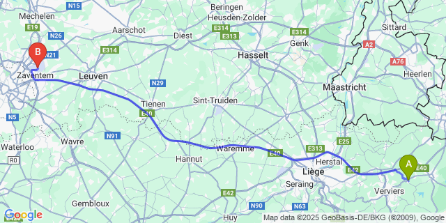 Map: Brussels Zaventem Airport (BRU) to Dolhain