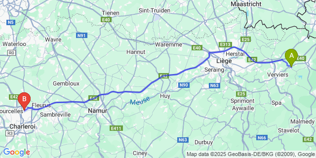 Map: Charleroi Airport Brussels South (CRL) to Dolhain