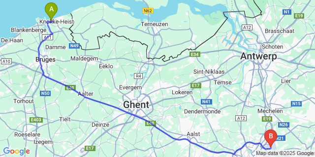 Map: Brussels Zaventem Airport (BRU) to Duinbergen
