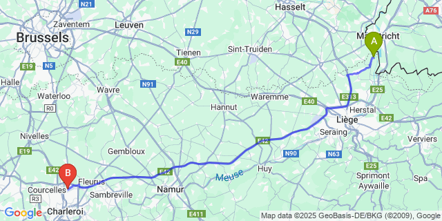 Map: Charleroi Airport Brussels South (CRL) to Eben-Emael