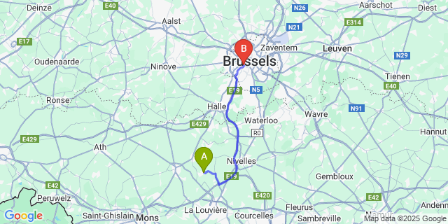 Map: Brussels Midi Train Station to Ecaussinnes-Lalaing