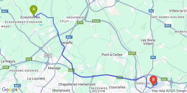 Map: Charleroi Airport Brussels South (CRL) to Ecaussinnes-Lalaing
