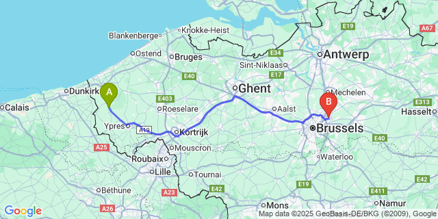Map: Brussels Zaventem Airport (BRU) to Elzendamme