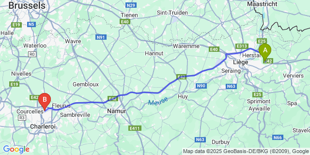 Map: Charleroi Airport Brussels South (CRL) to Evegnee