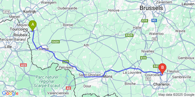Map: Charleroi Airport Brussels South (CRL) to Evregnies