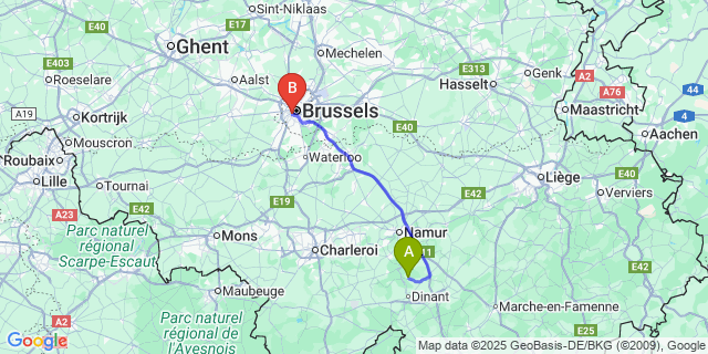 Map: Brussels Midi Train Station to Evrehailles
