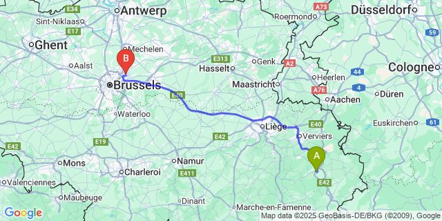 Map: Brussels Zaventem Airport (BRU) to Falize