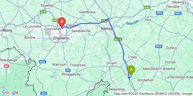 Map: Charleroi Airport Brussels South (CRL) to Fenffe