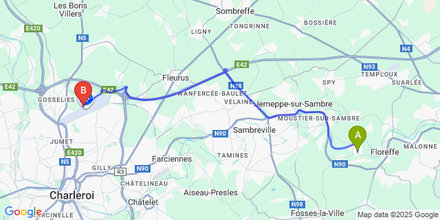 Map: Charleroi Airport Brussels South (CRL) to Franiere