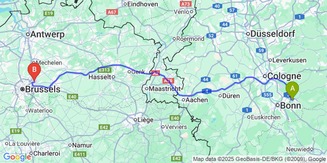 Map: Brussels Zaventem Airport (BRU) to Geistingen