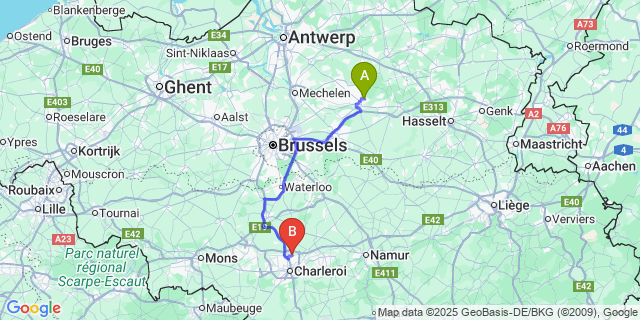 Map: Charleroi Airport Brussels South (CRL) to Gijmel