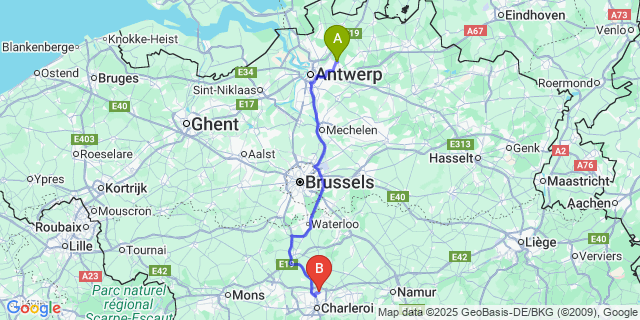 Map: Charleroi Airport Brussels South (CRL) to ’s-Gravenwezel