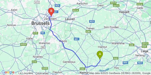 Map: Brussels Zaventem Airport (BRU) to Hanneche