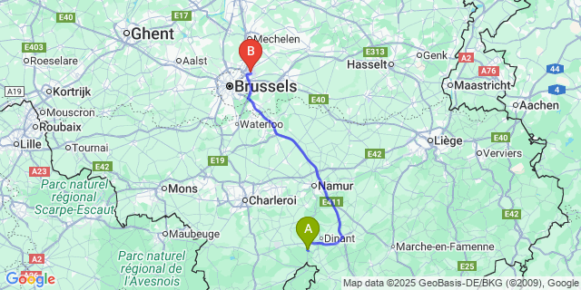 Map: Brussels Zaventem Airport (BRU) to Hastiere-par-dela