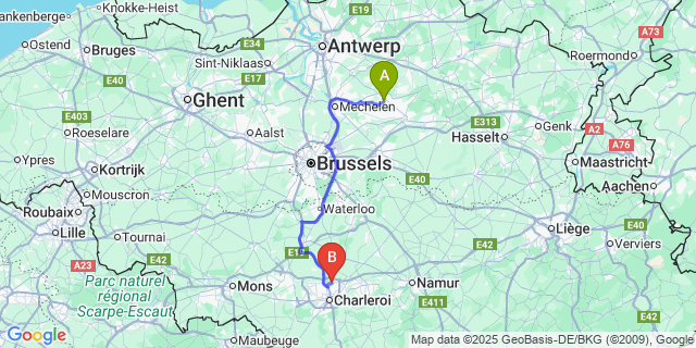 Map: Charleroi Airport Brussels South (CRL) to Heist-Goor