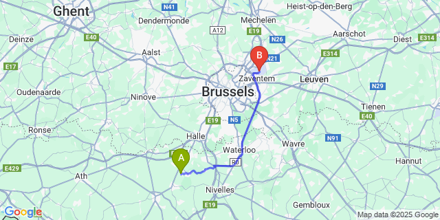 Map: Brussels Zaventem Airport (BRU) to Hennuyeres