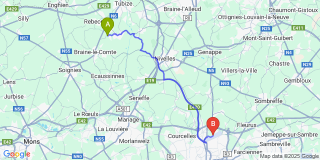 Map: Charleroi Airport Brussels South (CRL) to Hennuyeres