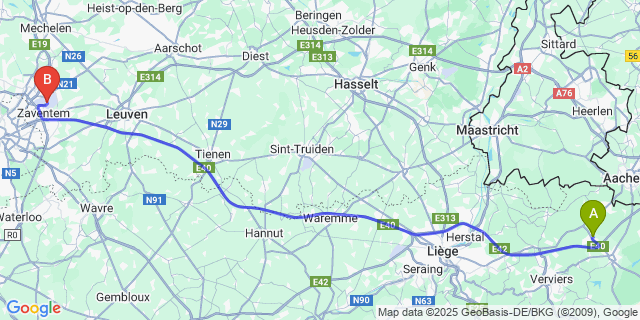Map: Brussels Zaventem Airport (BRU) to Herbesthal
