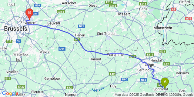 Map: Brussels Zaventem Airport (BRU) to Hotchamps