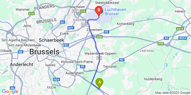 Map: Brussels Zaventem Airport (BRU) to Jezus-Eik