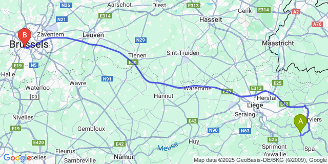 Map: Brussels Midi Train Station to Juslenville