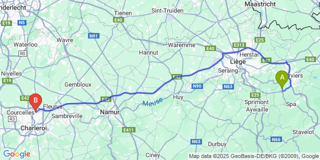 Map: Charleroi Airport Brussels South (CRL) to Juslenville