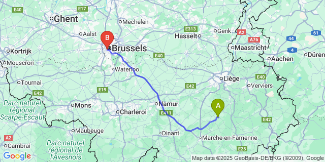 Map: Brussels Midi Train Station to Juzaine
