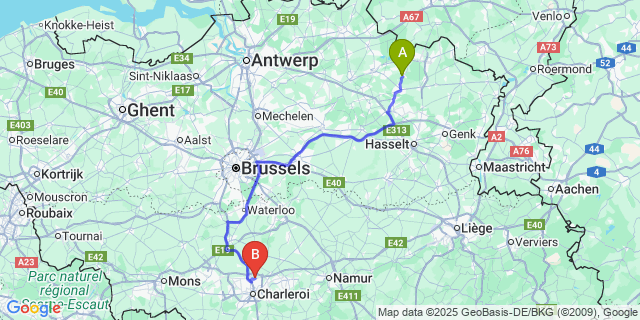 Map: Charleroi Airport Brussels South (CRL) to Kerkhoven