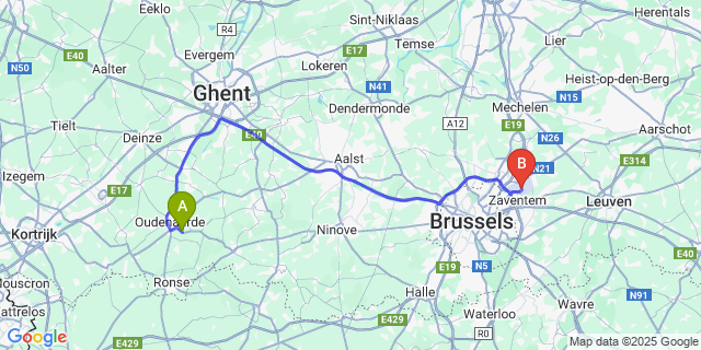 Map: Brussels Zaventem Airport (BRU) to Kerselare