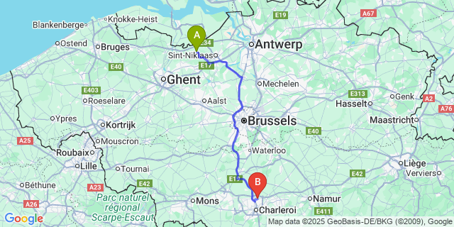 Map: Charleroi Airport Brussels South (CRL) to Klein-Sinaai