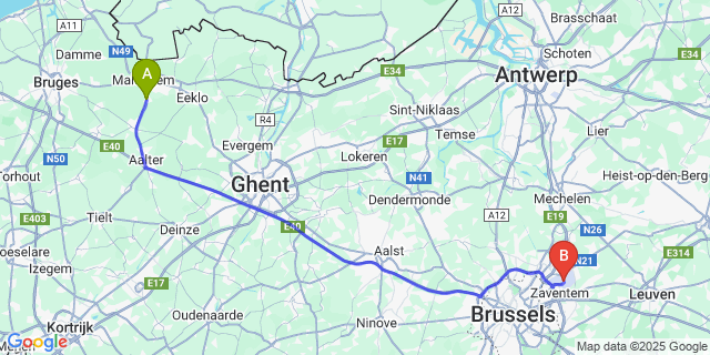 Map: Brussels Zaventem Airport (BRU) to Kleit
