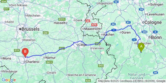 Map: Charleroi Airport Brussels South (CRL) to Lanzerath