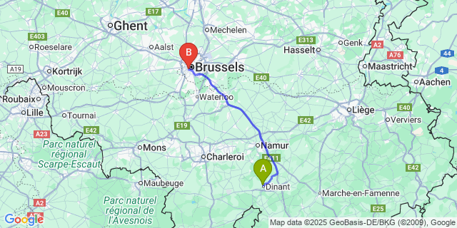 Map: Brussels Midi Train Station to Leffe