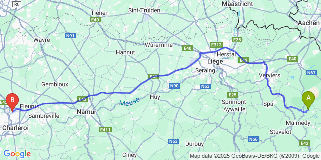 Map: Charleroi Airport Brussels South (CRL) to Longfaye