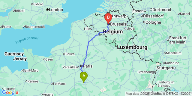 Map: Brussels Midi Train Station to Lorcy
